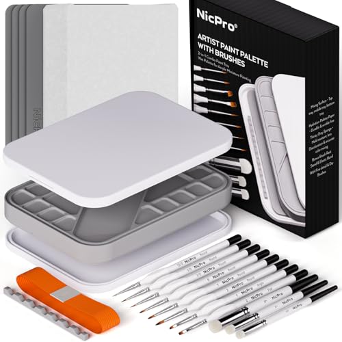 Nicpro Miniature Painting Kit with Wet Palette & 11PCS Detail Paint Brushes Drybrush, 100PCS Wet Pallet Paper, 4PCS Sponge, Brush Holder Mixing Paint Saver Palette for Miniature Model Painting - color: White