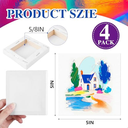 ESRICH 4 Pack Mini Canvases for Painting 5x5In, 5/8''Profile Small Square Canvases, Primed Cotton Small Stretched Canvas for Kids' Painting Supplies Such as Painting Parties,School&Home Decor Projects - size: 5x5in