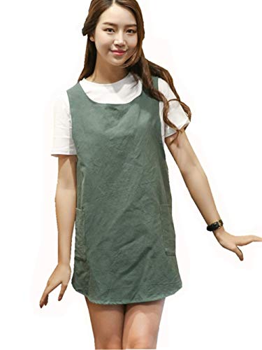 Shortened Design Apron, Japanese Style Soft Cotton Linen Apron with Two Side Pockets, X Cross Halter Aprons, Kitchen Cooking Clothes Gift for Women DIY Project, Crafting, Cooking, Baking(Army Green ) - color: Army Green, style: 1# Style-rounded Edge