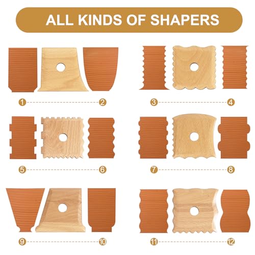 DIYOOHOMY 6 Pcs Wooden Pottery Ribs Trimming Tools, Beech Wood Clay Foot Shaper Set for Wheel Throwing Carving Sculpting Texturing, Pottery and Ceramics Clay Tools Supplies - color: wood-6