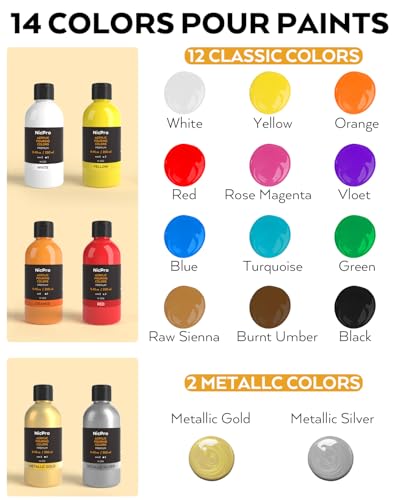 Nicpro 14 Colors 8.45oz Acrylic Pour Paint Supplies Kit, Large Volume Premixed High Flow Painting Bulk Set with Canvas, Wood Natural Slices, Pouring Oil, Tools Gloves, Strainer, Cups for Beginner DIY - color: 14 Colors