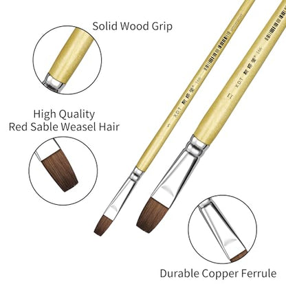 XDT#166B Bright Artist Paint Brush 6 Piece Set, Red Sable Flat Paint Brushes for Watercolor, Acrylic, Oil and Canvas Painting - size: Flat Red Sable 6Pc