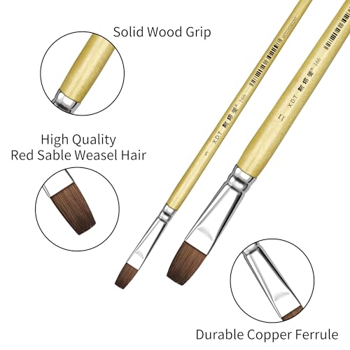 XDT#166B Bright Artist Paint Brush 6 Piece Set, Red Sable Flat Paint Brushes for Watercolor, Acrylic, Oil and Canvas Painting - size: Flat Red Sable 6Pc