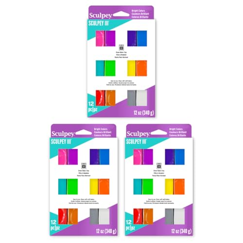 Sculpey Polymer Clay Sculpey III Oven-Bake 12-Count Brights Assortment, 12 Assorted Bright Colors in 1 oz. Bars, Perfect for Jewelry and Crafting, Class Pack of 3 Sets, 36 Bars of Clay Total