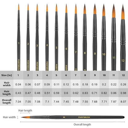 Watercolor Brushes Professional Set，12pcs Artist Watercolor Paint Brushes，Round Painting Brush for Watercolor, Acrylics, Ink, Gouache(Black)