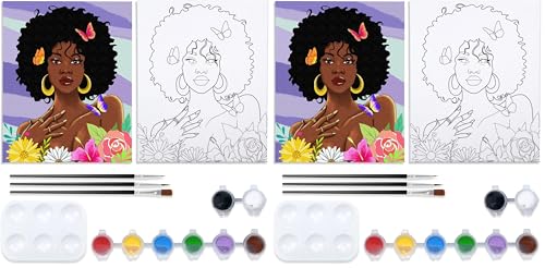 VOCHIC Canvas Painting Kit Pre Drawn Canvas for Painting for Adults Party Kits Paint and Sip Party Supplies 8x10 African American Women Flowers Art Set (Pack of 2) - size: 8x10 (Pack of 2), style: Style 2
