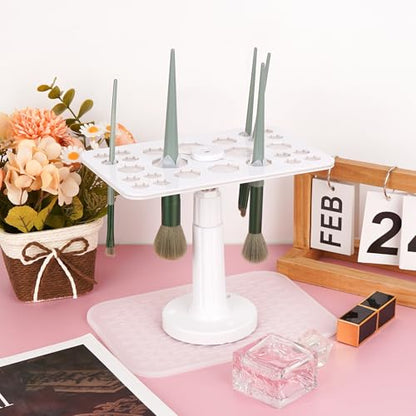 Makeup Brushes Drying Rack with Silicone Mat, Adjustable Makeup Brush Holder, Makeup Brush Display Dryer Stand, 26 Holes Acrylic Brush Organizer Stand (White) - color: White