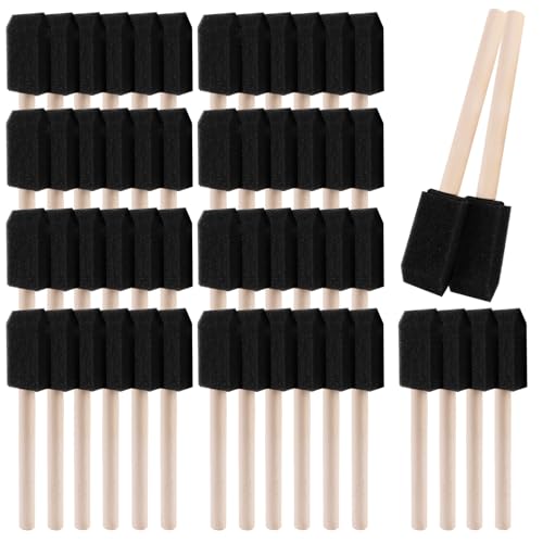 ZUFECY 60pc 1 inch Foam Brushes, Wood Handle Sponge Applicators for Staining, Varnishing, Crafts & DIY Projects (Wood/Plastic Surfaces)