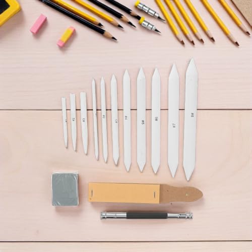 PAMINGONO Blending Tools with Sandpaper Pencil Sharpener, Pencil Extension Tool 33pcs Paper Stumps and Tortillions Set and Erasers for Studio Work and Outdoor Sketching Drawing Supplies