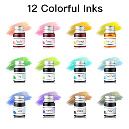 ESSSHOP Glass Dip Pen Calligraphy Fountain Pen Set - 12 Colors Ink Glass Washing Cup Pen Holder Handmade Rainbow Crystal Glass Ink Pen for Art Writing Drawing Signatures Christmas Gifts
