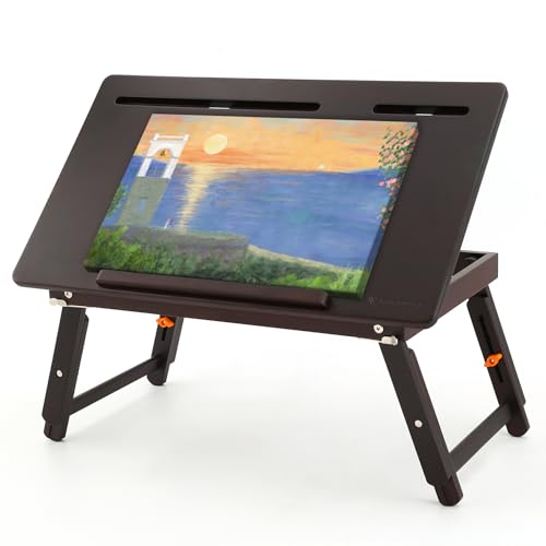 Nnewvante Drawing Table Foldable Drafting Desk with Adjustable Height & Angle Bamboo Drawing Board Easel with Tablet and Phone Slots for Painting, Drafting, Writing, Reading - color: Black Walnut