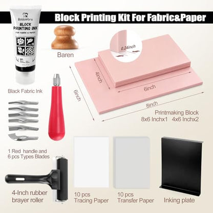 Bobblebro Linocut Kit for Printmaking - Fabric Block Printing Kit with 2.6 oz Fabric Ink for Fabric and Paper, Stamp Making Kit & Carving Tools - Arts and Crafts for Adults - DIY Back to School Gift - color: Beige-linocut kit