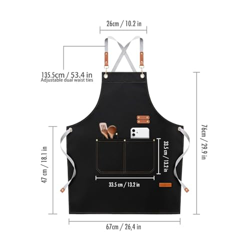 Chef Apron for Men & Women – Heavyweight Waterproof Canvas with Cross-Back No-Neck-Pain Design, 4 Pockets & Genuine Leather Ties, Adjustable Cooking Apron for BBQ Grilling Coffee Shop