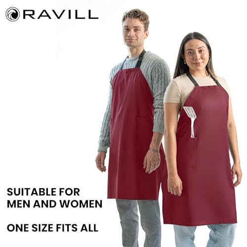Ravill Waterproof Apron For Men and Women - 2 Pockets - 35" Long Multi Purpose Work Aprons for Dishwashing, Dog Grooming - color: Red