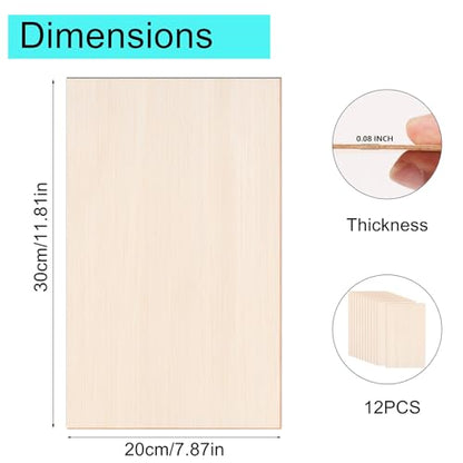 12 Pack Basswood Sheets 12 x 8 x 1/13 Inch Thin Plywood Balsa Wood Boards for Crafts, Laser Cutting, Wood Burning and Drawing - size: 12 x 8 inch