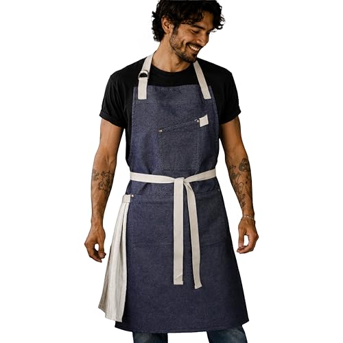 100% Cotton Printed Kitchen Apron with 2 Pockets for Men and Women – Adjustable Chef Apron - Machine Washable - color: Indigo Blue