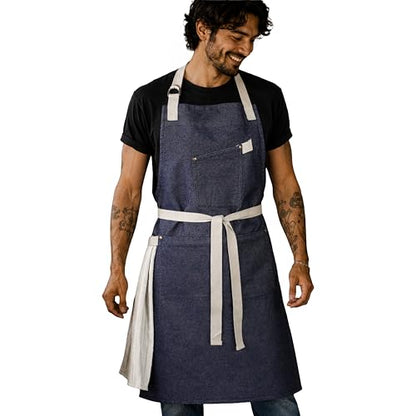 100% Cotton Printed Kitchen Apron with 2 Pockets for Men and Women – Adjustable Chef Apron - Machine Washable - color: Indigo Blue