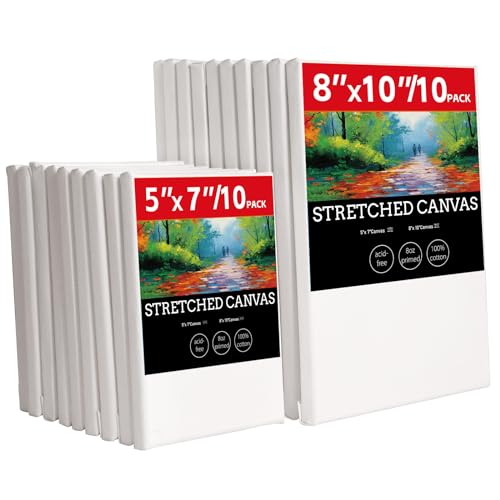 20 Pack Stretched Canvases for Painting with 10 Packs of 5x7, 8x10 100% Cotton Blank Painting Canvas for Oil, Acrylic Paint & Other Painting Media - size: 10 Pack of 5x7 and 8x10