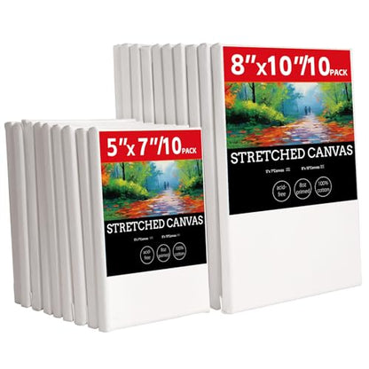 20 Pack Stretched Canvases for Painting with 10 Packs of 5x7, 8x10 100% Cotton Blank Painting Canvas for Oil, Acrylic Paint & Other Painting Media - size: 10 Pack of 5x7 and 8x10