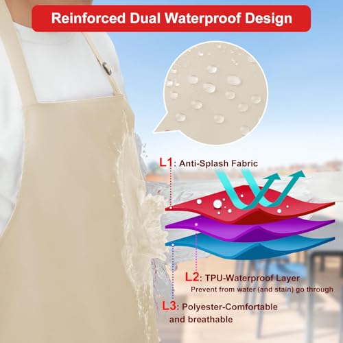 SHEOMERN Aprons for Men Kitchen Cooking – Waterproof & Oil Proof 3-Layer Long Pocket-Free Chef Apron for Grilling BBQ Baking – Gift for Men - color: Beige