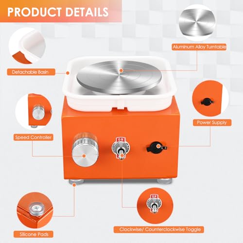 Mini Pottery Wheel Machine for Adults & Beginners, 2 Turntables (3.94" & 2.56") | 0-2000 RPM Adjustable Speed Pottery Machine Removable Splash Tray Ceramic Making Kit Includes 8 Sculpting Tools - color: Orange