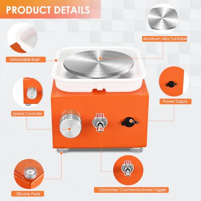 Mini Pottery Wheel Machine for Adults & Beginners, 2 Turntables (3.94" & 2.56") | 0-2000 RPM Adjustable Speed Pottery Machine Removable Splash Tray Ceramic Making Kit Includes 8 Sculpting Tools - color: Orange