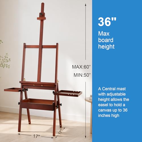 Large Wooden Painting Easel with Storage Drawer and Palettes, H-Frame Studio Easel Stand Holds Canvas up to 36 Inches, Suitable for Adults, Beginners, and Artists, Walnut - style: Walnut