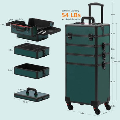 Somduy Makeup Train Case, Rolling Makeup Case with Lid, 5 in 1 Cosmetology Case on Wheels, Christmas Gift, Large Makeup Case Organizers, Profesional Cosmetic Case for Salon Barber, Black Green - color: Black Green