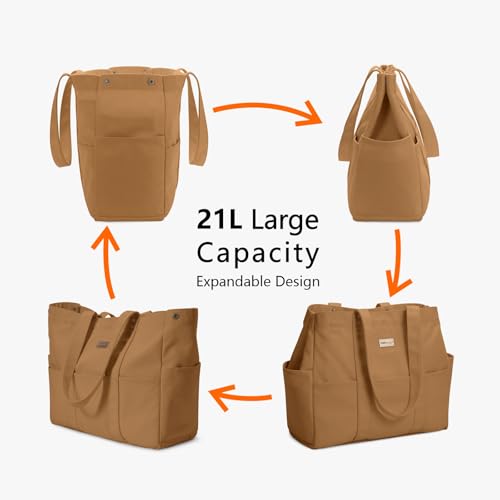 TOPDesign Large Canvas Tote Bag for Women, Shoulder Bag with Laptop Sleeve & Pockets, Everything Tote for Travel, Work (Khaki) - color: Khaki