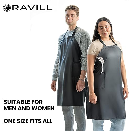 Ravill Waterproof Apron For Men and Women - 2 Pockets - 35" Long Multi Purpose Work Aprons for Dishwashing, Dog Grooming - color: Black