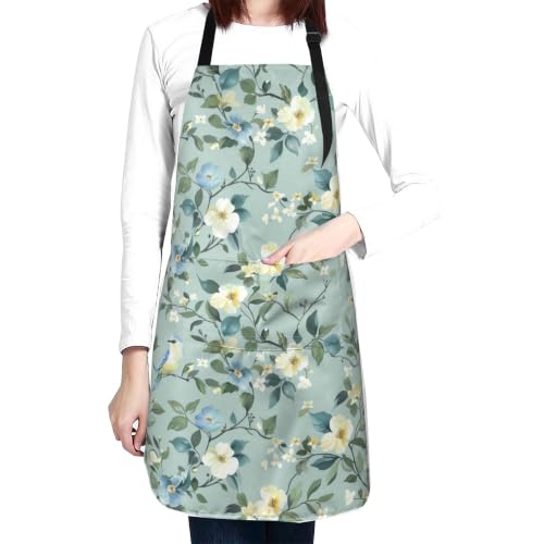 Cream Pastel Wildflower Art Waterproof Apron with Pockets | Garden Aprons for Men Women Adjustable Bib Apron for Cooking Kitchen Baking BBQ Painting Housework Oil Resistant - color: Sage Bird Floral Art