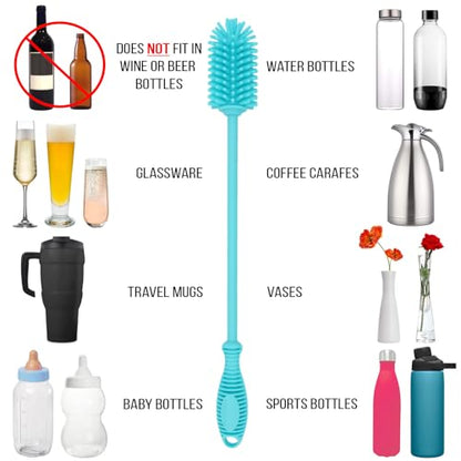 Kitchiny Silicone Bottle Brush with 2 Straw Cleaners - 12.5” Water Bottle Cleaner Brush for Yeti, Hydro Flask, Owala, Stanley, Baby Bottles, Glassware, Vases & Narrow Neck Containers - Blue - color: Blue