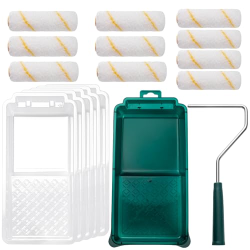 Paint Roller Kit, 17 Pack, 4 Inch Paint Roller, Small Paint Roller, Mini Roller Frame, Paint Tray Liners with Microfiber Roller Covers, Painting Supplies for Walls, Cabinets, Furniture - color: 4" paint roller kits