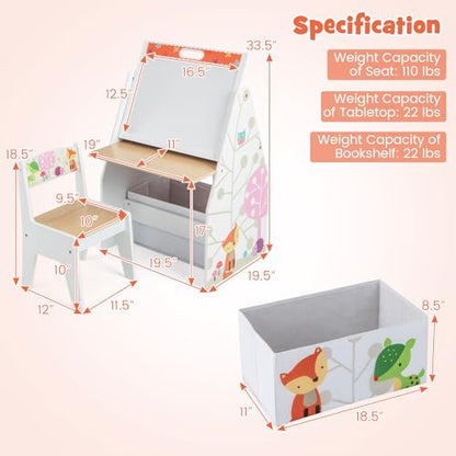 HONEY JOY Kids Art Easel, Wooden Double-Sided Toddler Table & Chair Set w/Adjustable Magnetic White Board & Chalkboard, Bookshelf & Storage Bin, Arts & Crafts, Kids Art Table for Boys Girls (White) - color: White