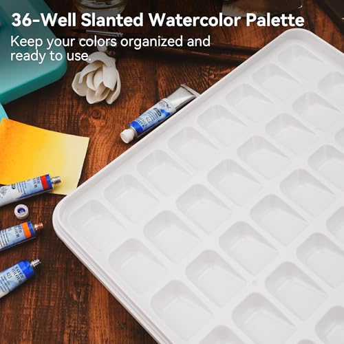 PHOENIX Watercolor Palette Box - 36 Well Large Empty Paint Palette with Lid and 3 Mixing Areas Palettes for Water Color, Gouache, Acrylic & Water Based Paints 12x10 Inch