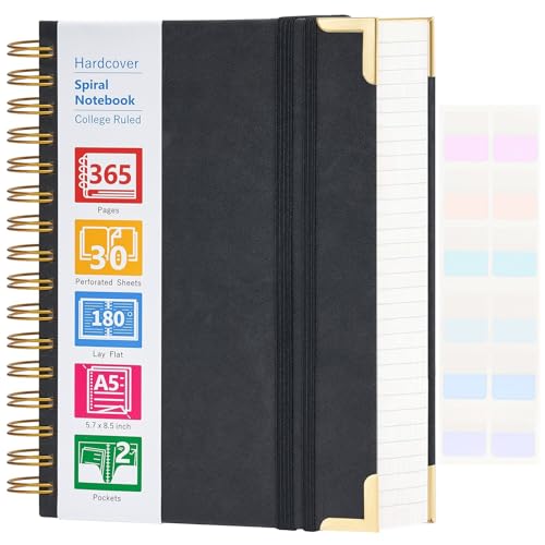 Spiral Notebook, 365 Page Hardcover Leather Notebook Journal, Large A5 Lined Journal for Women Men, College Ruled Notebooks for Work School, Journals for Writing, 24pcs Index Tabs, 5.5" x 8.5", Black - color: Black, size: 5.5" x 8.5"