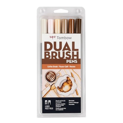 Tombow 56241 Dual Brush Pen Art Markers, Coffee Break, 6-Pack, Water-Based Ink, for Hand Lettering, Watercolor, Fine Art