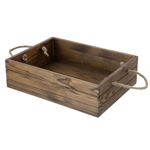 MyGift 15 Inch Large Rustic Brown Solid Wood Decorative Storage Box with Rope Carrying Handles, Country Style Wooden Crate, Farmhouse Pallet Design Open Top Bin - color: Brown (15 Inch)