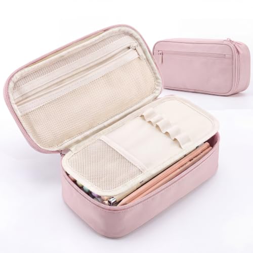 WEMATE Pencil Case, Large Storage Organizer, Makeup Bag, Teacher Must - have, Big Pencil Pouch, Marker Case for College - color: Light Pink