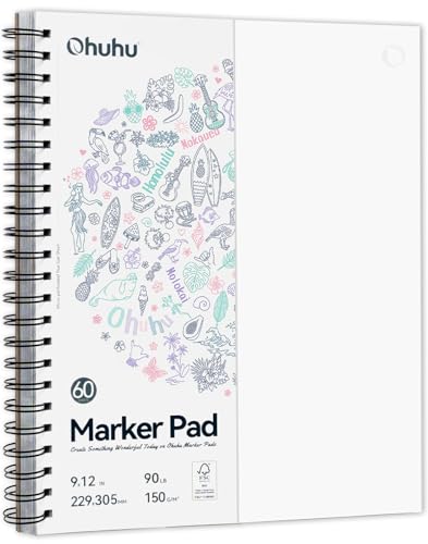 Ohuhu Double-Sided Marker Pads Art Sketchbook Bleedproof - 9"x12" Large Paper Size - 90 LB/150 GSM Smooth Drawing Paper - 60 Sheets/120 Pages, Spiral Bound Sketching Book for Alcohol Markers - size: 9" x 12”