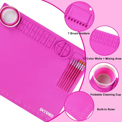 DIYDEC Silicone Painting Mat for Kids 20X16 Inch Large Art Mat with Detachable Cup &10 Painting Brushes Craft Sheets for Boy Girl Birthday Gift DIY Accessories (Rose Red) - color: Rose Red