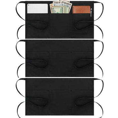 BOHARERS Cotton Server Aprons 3 Pack Waiter Waitress Apron Short Apron with Pockets Restaurant BBQ 12 Inch Black - color: A4-3 Pack Cotton Black