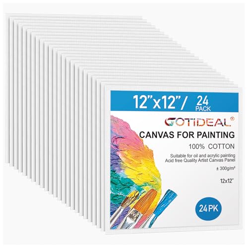 Gotideal Canvas for Painting, 24pcs 12x12 Primed Bulk Painting Canvas Board for Kids and Adults, White Blank Canvas Panels for Acrylic Paint, Oil, Pour Art Supplies - size: 12x12 inch