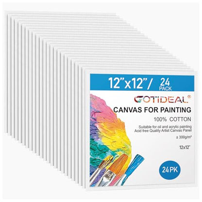 Gotideal Canvas for Painting, 24pcs 12x12 Primed Bulk Painting Canvas Board for Kids and Adults, White Blank Canvas Panels for Acrylic Paint, Oil, Pour Art Supplies - size: 12x12 inch