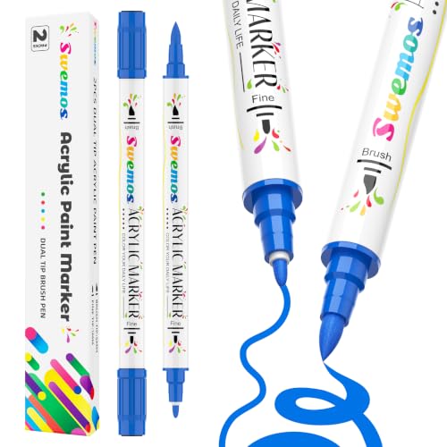 2 Blue Acrylic Paint Markers Pens for Fabric Rocks Canvas Ceramic Glass | Suitable for Almost All Surface - color: Blue, size: 2