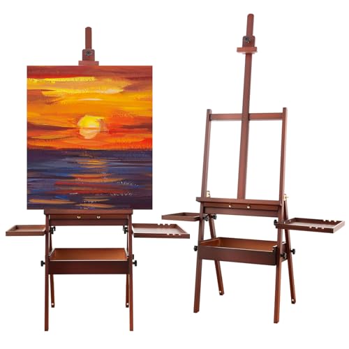 Large Wooden H-Frame Studio Easel with Storage Drawer and Palettes, Solid Beechwood Painting Easel for Students, Beginners, and Artists, Hold Canvas to 36Inches High, Walnut - style: Side Trays Walnut