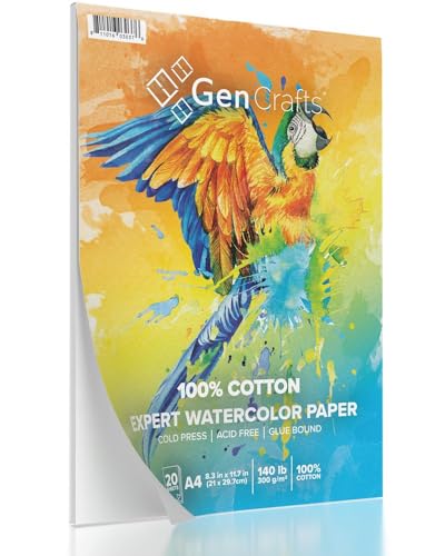 GenCrafts 100% Cotton Watercolor Paper Pad - A4 8.3x11.7-20 Sheets (140lb/300gsm) - Cold Press Acid Free Art Sketchbook Pad for Painting & Drawing, Wet, Mixed Media