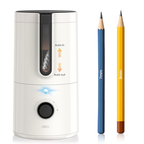 deli Electric Pencil Sharpener, Fully Automatic Pencil Sharpener for 6.9-8mm Pencils/Colored Pencils,5 Sharpness Modes,Auto in & Out,Rechargeable Hands-Free Sharpener for Classroom Home Office,White - color: White
