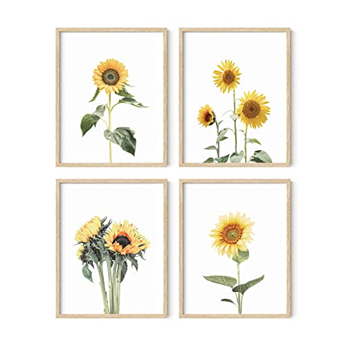 HAUS AND HUES Sunflower Wall Art Set of 4 - Posters and Paintings for Bedroom, Kitchen, Yellow Wall Decor (Beige Frame, 11x14) - color: Sunflower, size: 11x14, style: Beige Framed