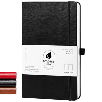 Stone Journal Chef Notebook – 13 × 21 cm Waterproof Paper, 144 Pages, Half Lined & Half Blank, Vegan Leather Hardcover, Kitchen Conversions, Premium Journal (Black) - color: Black